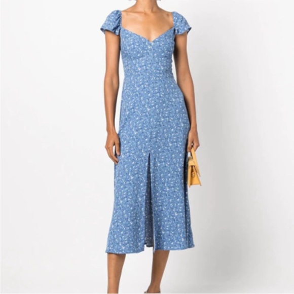 Sale!!Reformation Baxley Dress in Eve Blue White Floral Print Midi Short Sleeves - Picture 1 of 17